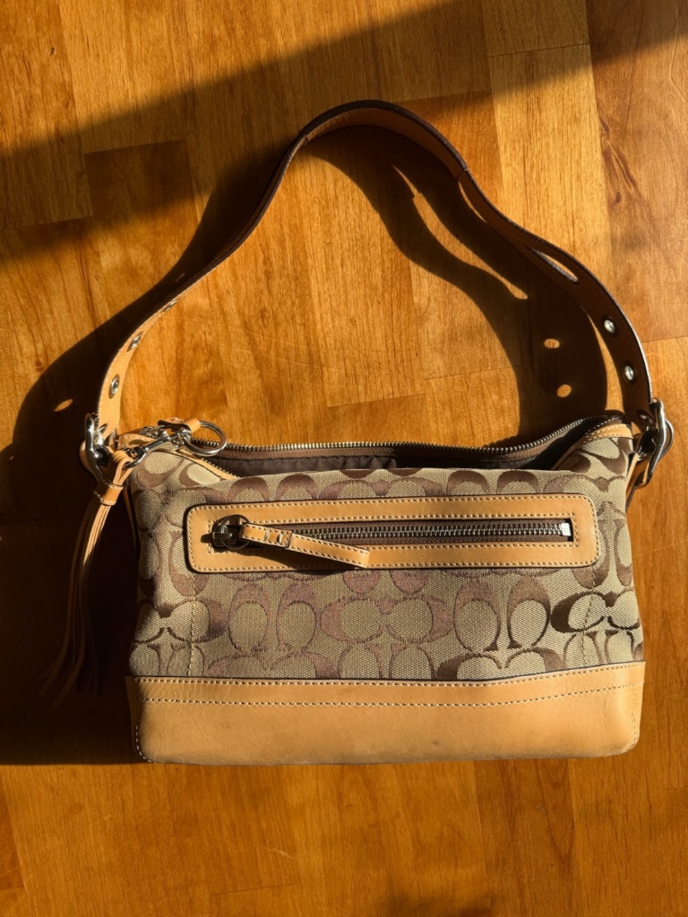 Coach Brown Signature Canvas Shoulder Bag with Tan Leather Trim